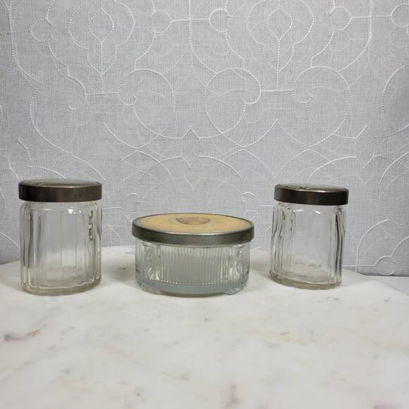 Vintage Glass Vanity Jar Set Cameo Lid & Art Deco Floral Inlay Metal Tops – 3 Pc - Picture 3 of 16
